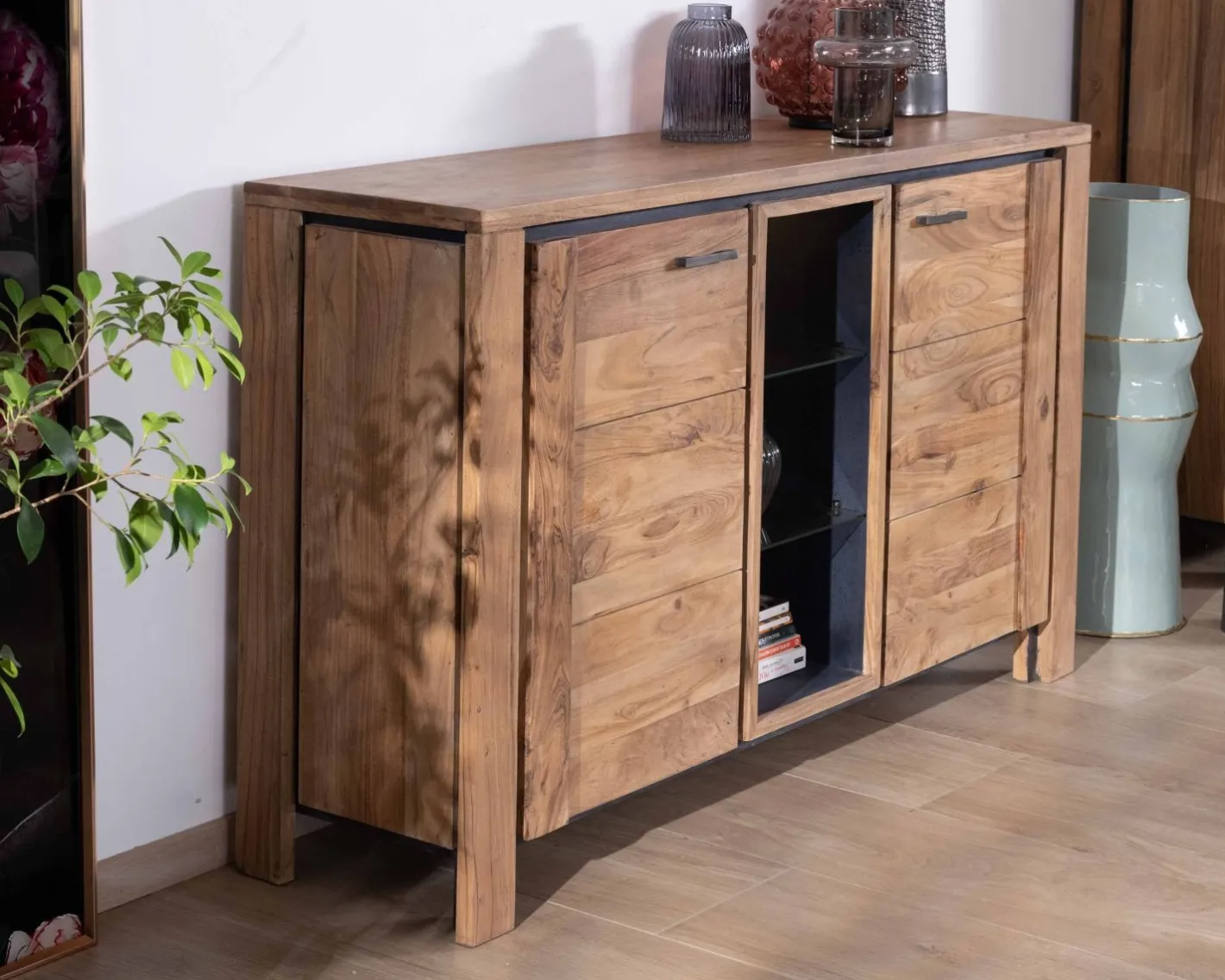 New Buffet contemporain 150cm en acacia 2 portes et étagères vitrées "Fantaisie" Buffet Et Bahut