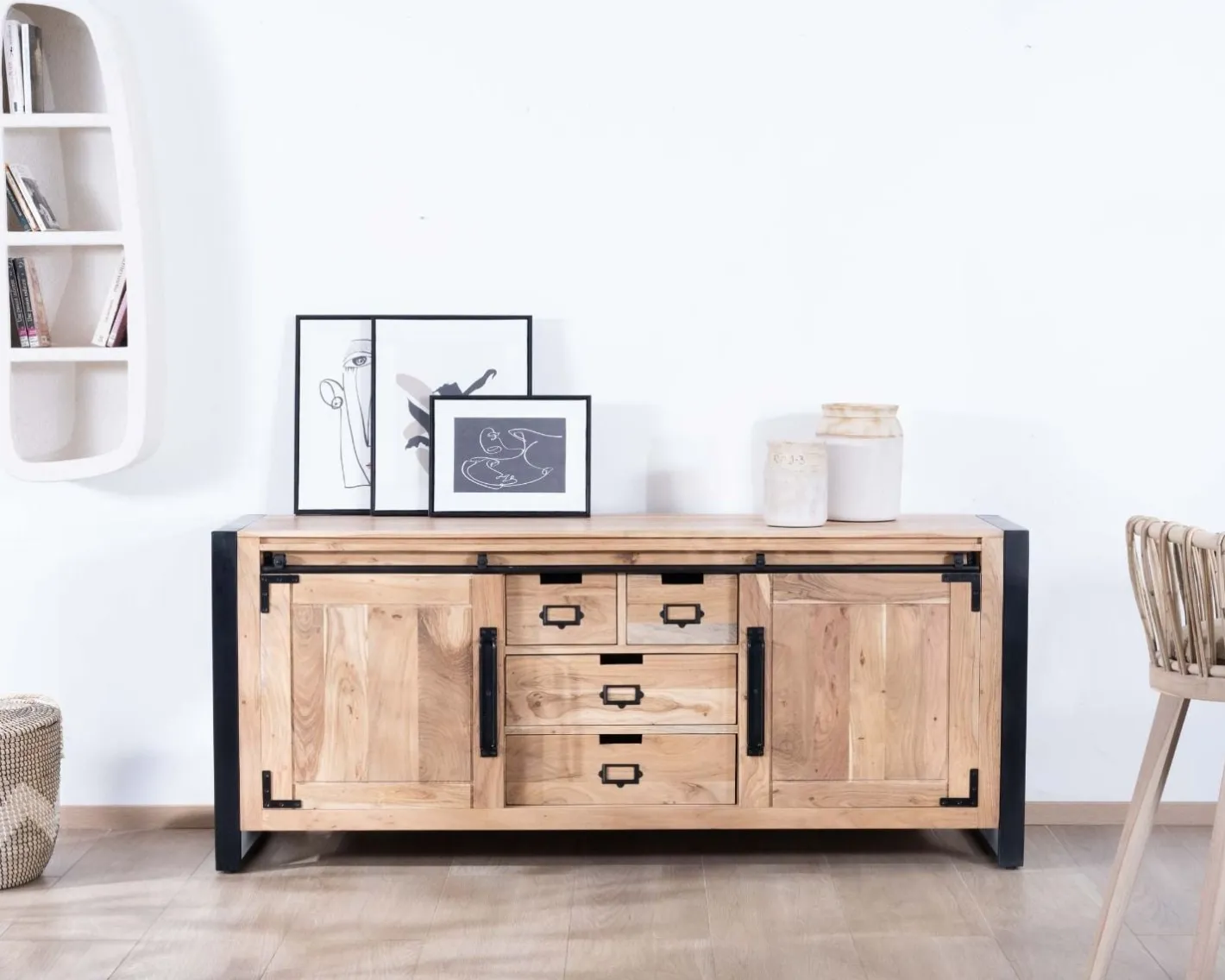 Outlet Buffet de salle à manger industriel en métal et bois 190 cm "Montréal" Buffet Et Bahut