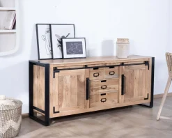 Outlet Buffet de salle à manger industriel en métal et bois 190 cm