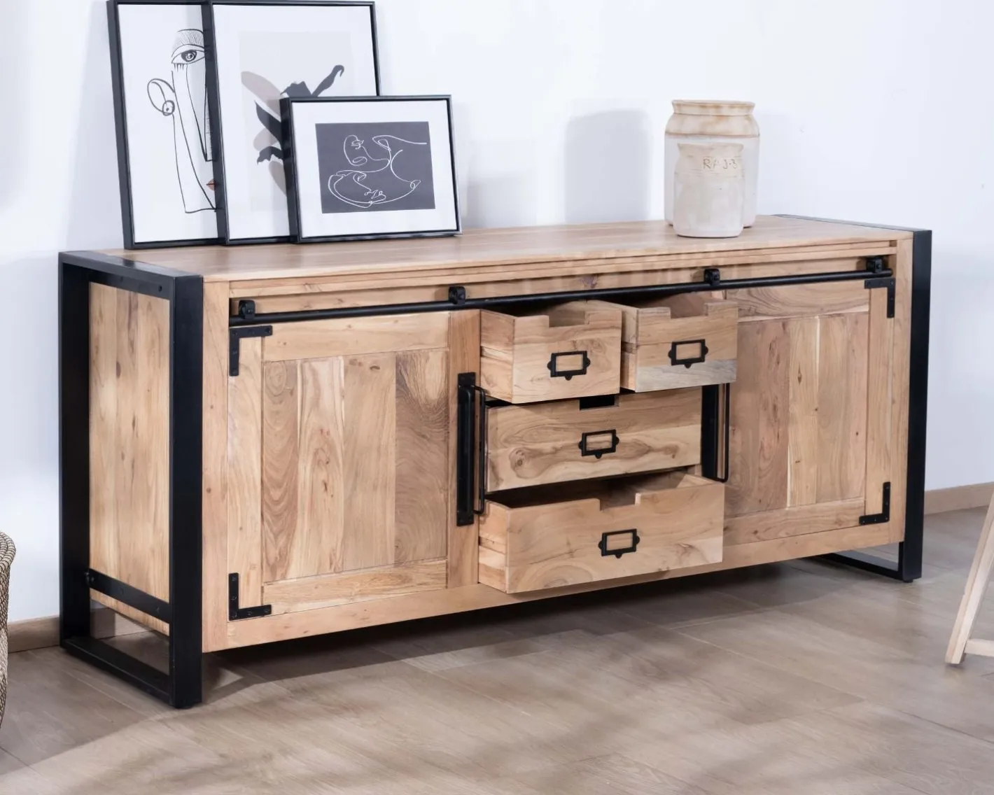 Outlet Buffet de salle à manger industriel en métal et bois 190 cm "Montréal" Buffet Et Bahut