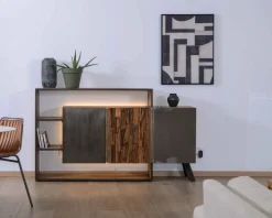 Hot Buffet design bois massif avec LED et décor métal et ciment