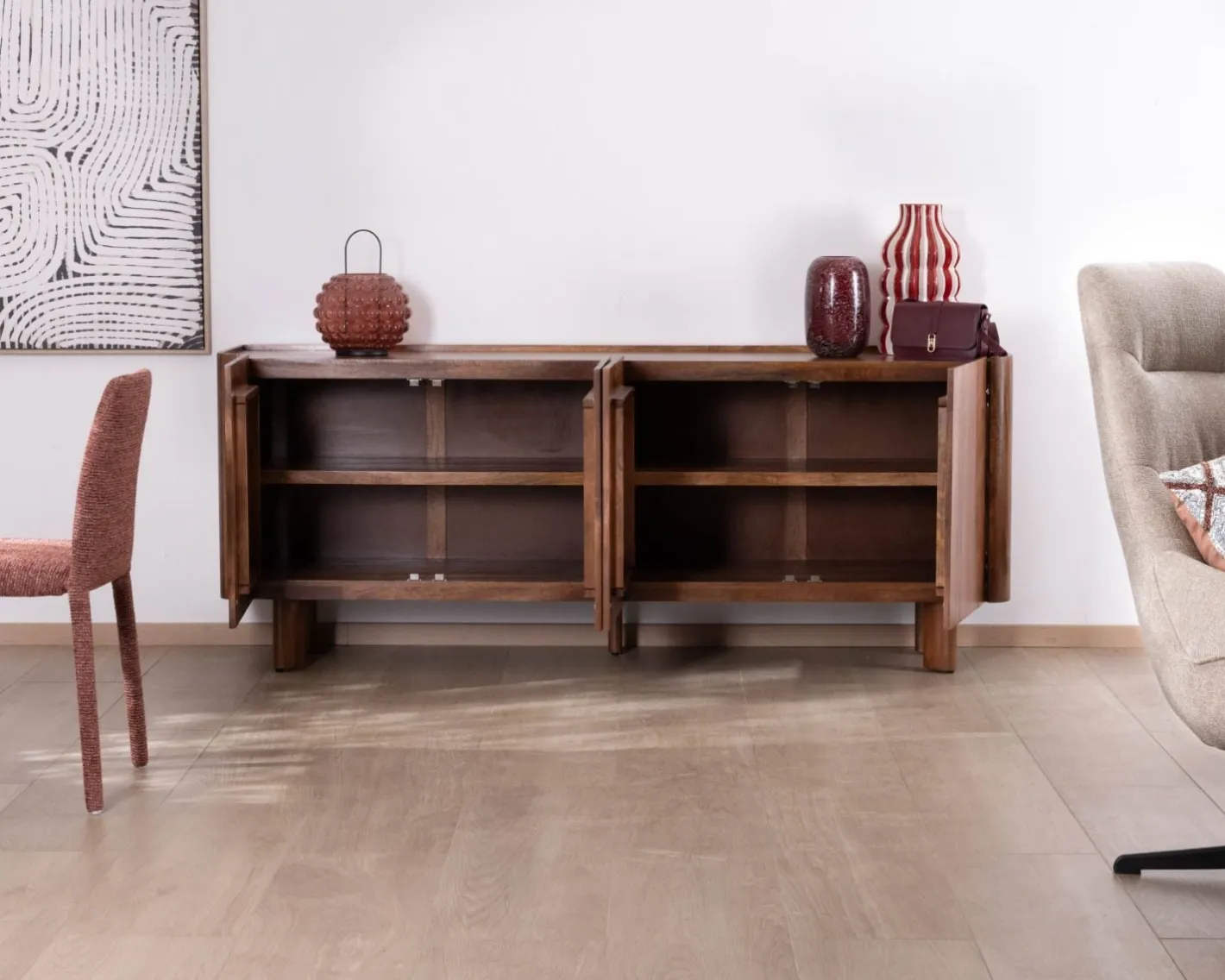 Clearance Buffet enfilade 4 portes 200 cm en manguier massif foncé "Malaké" style Japandi Buffet Et Bahut