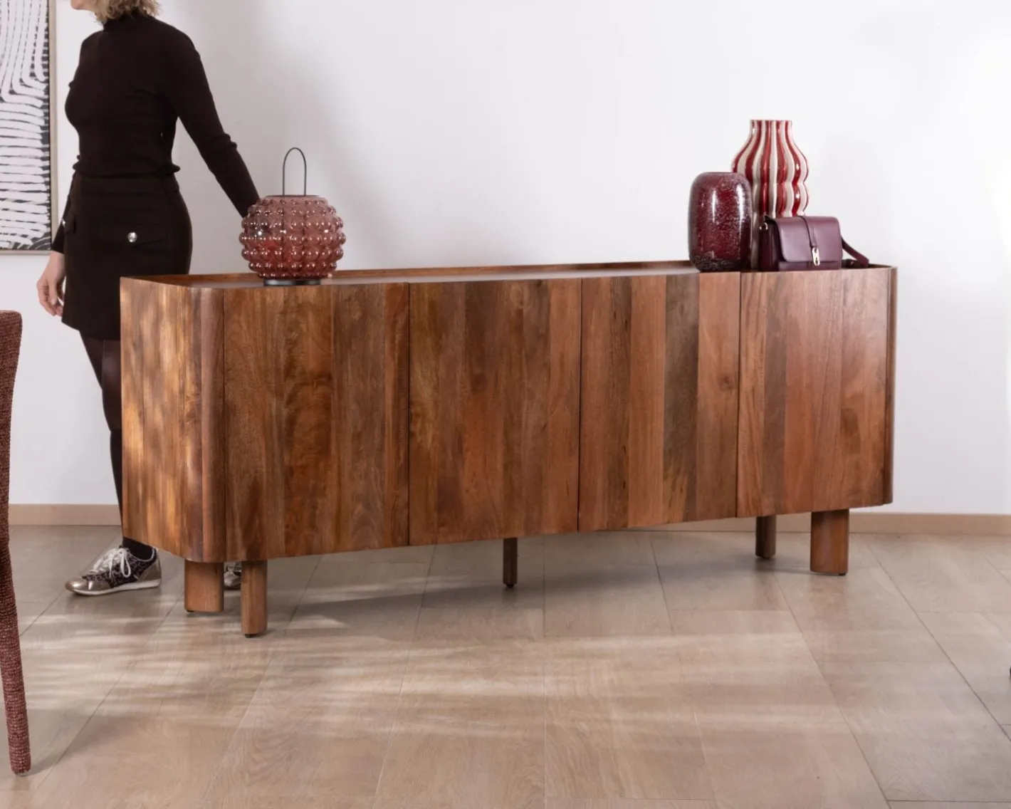 Clearance Buffet enfilade 4 portes 200 cm en manguier massif foncé "Malaké" style Japandi Buffet Et Bahut