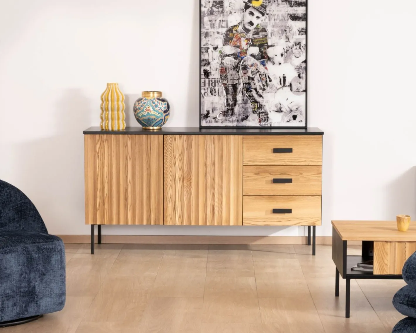 Outlet Buffet en frêne massif style newtro "Sydney" 160 cm Buffet Et Bahut