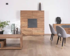 New Buffet haut avec éclairage LED en acacia massif et placage pierre "Paguera" Buffet Et Bahut