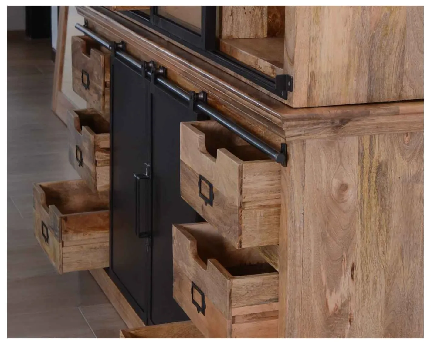 Outlet Buffet haut style atelier portes coulissantes métal bois massif "Haden" Vaisselier|Bibliothèque