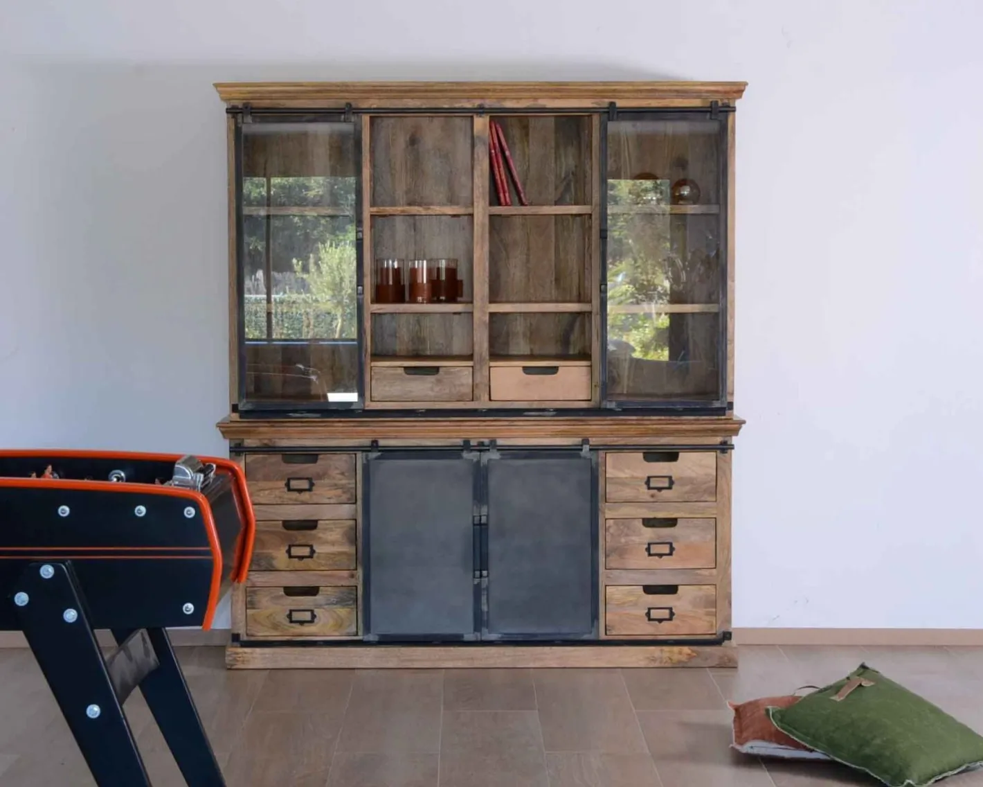 Outlet Buffet haut style atelier portes coulissantes métal bois massif "Haden" Vaisselier|Bibliothèque