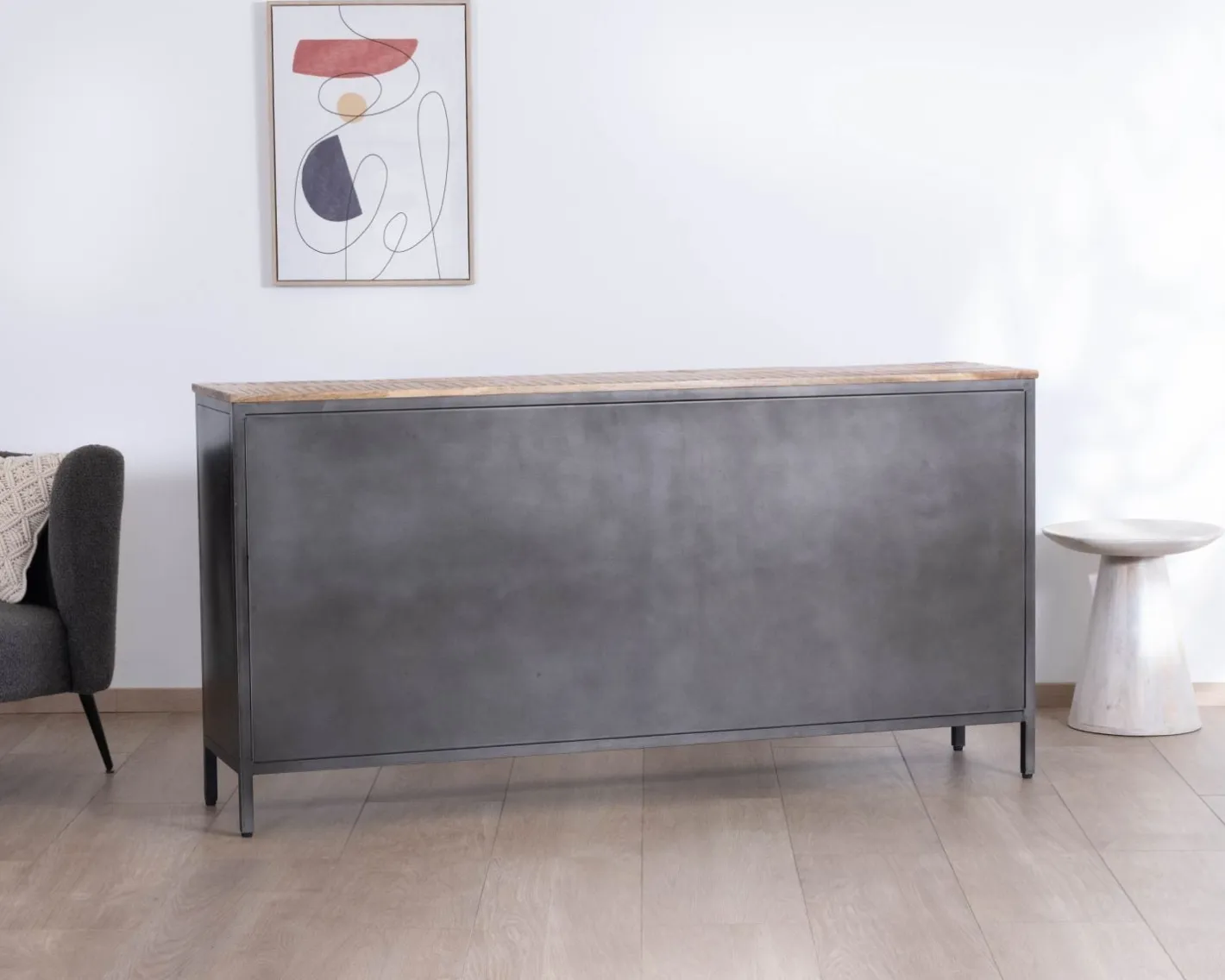 Hot Buffet industriel vitré en métal et bois exotique 180 cm "Dowtoun" Buffet Et Bahut
