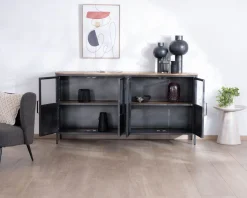 Hot Buffet industriel vitré en métal et bois exotique 180 cm