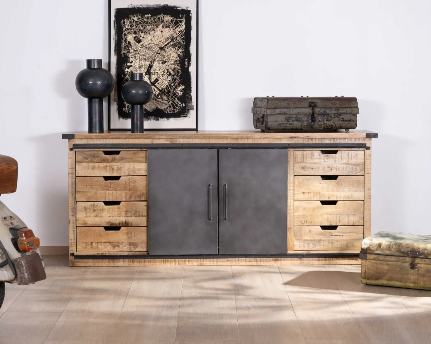 New Buffet métal et bois 200cm portes coulissantes "Caractère" Buffet Et Bahut