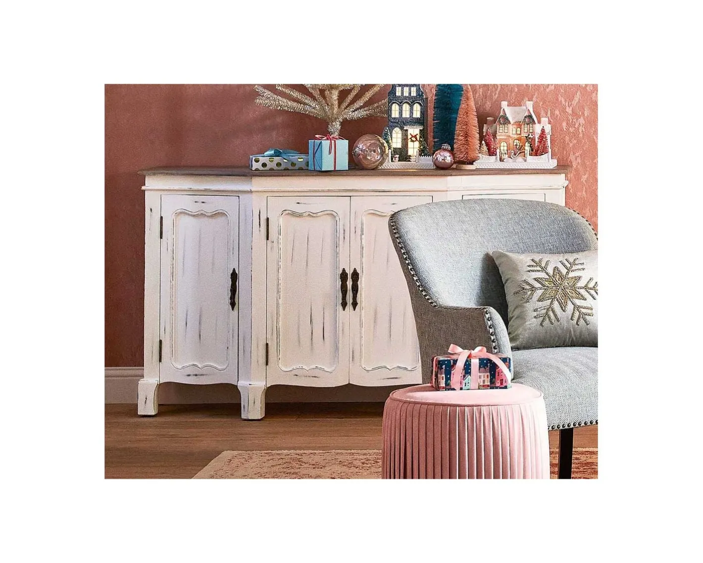 Clearance Buffet 4 portes blanc cassé vieilli plateau bois "Héritage" Buffet Et Bahut