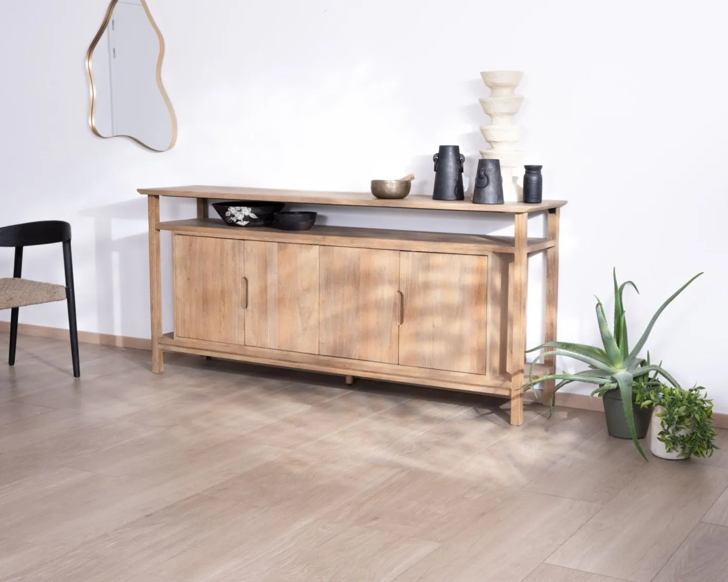 Clearance Buffet 4 portes style Japandi en manguier massif "Haya" 200 cm Buffet Et Bahut