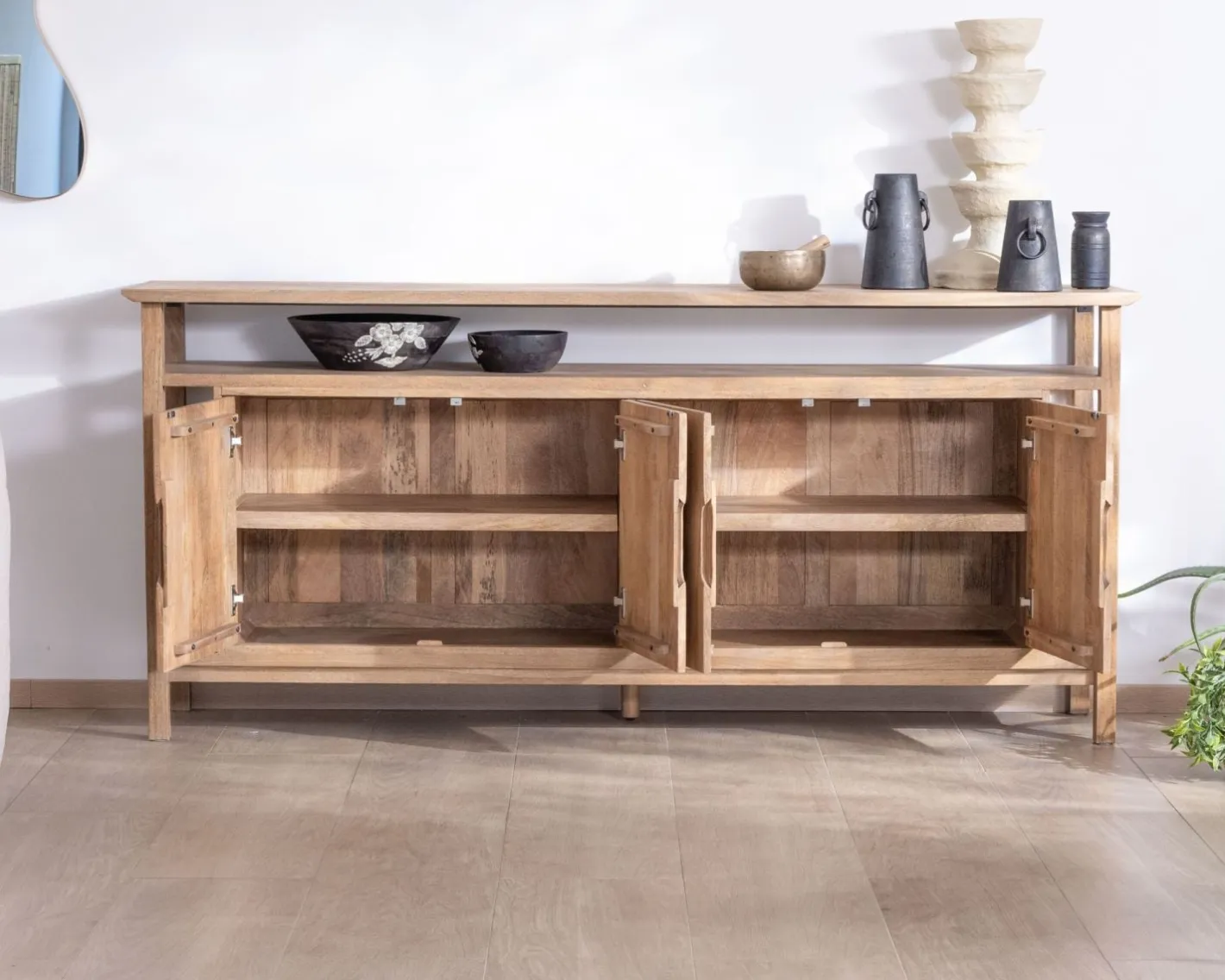 Clearance Buffet 4 portes style Japandi en manguier massif "Haya" 200 cm Buffet Et Bahut