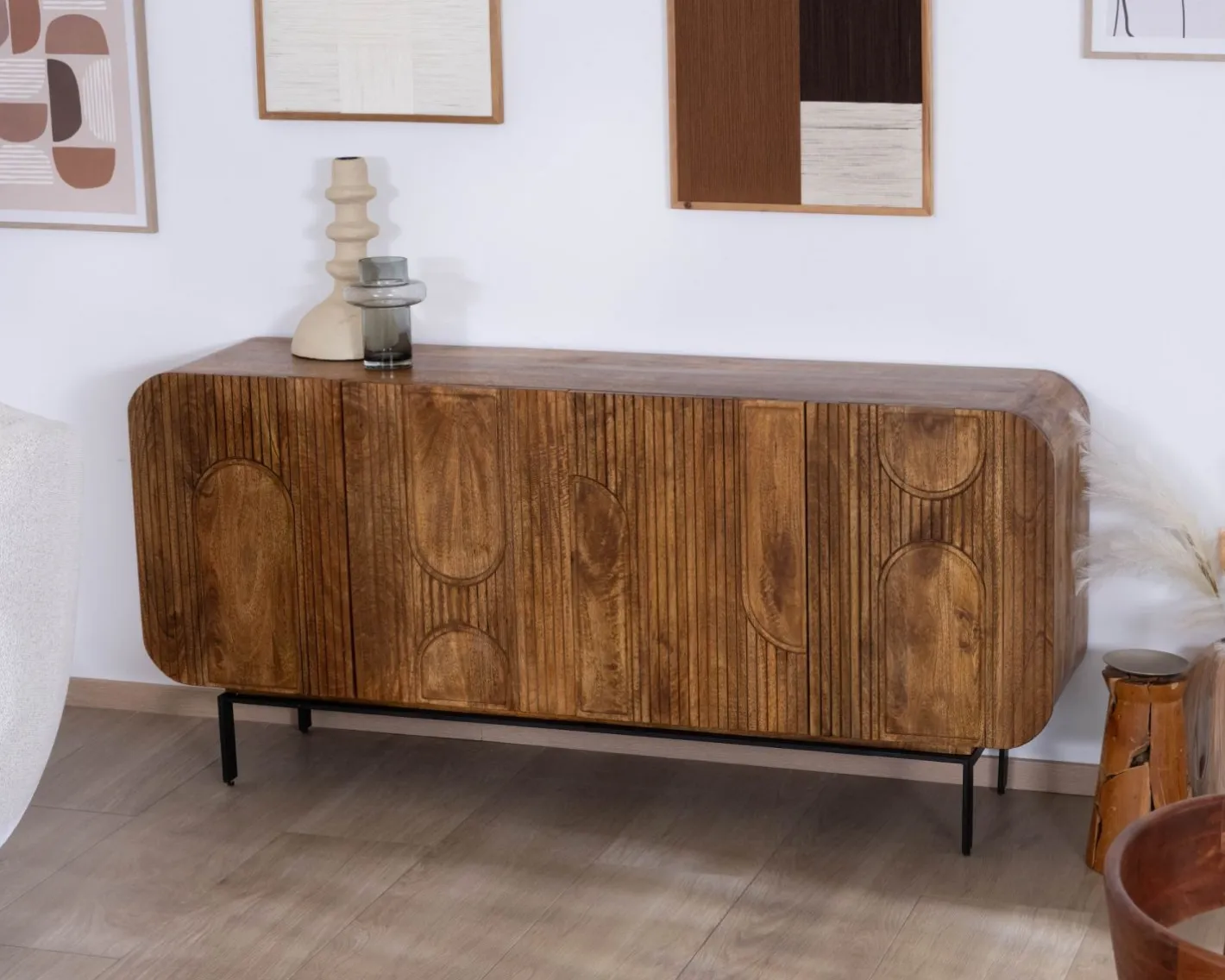 Clearance Buffet 4 portes style newtro en manguier "Moky" 175 cm Buffet Et Bahut