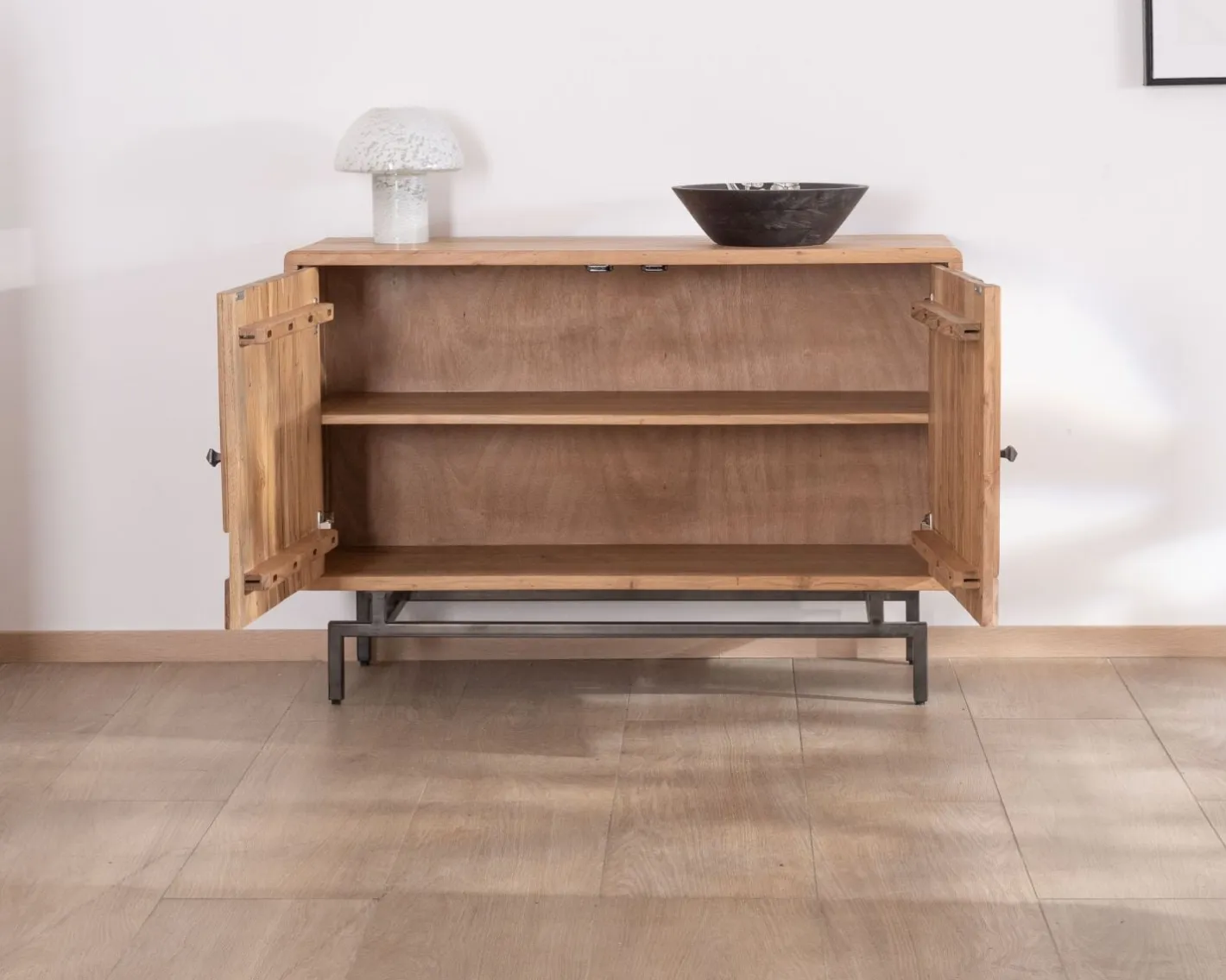 New Buffet rétro 2 portes façades à empiècements en acacia "Puzzle" 120 cm Buffet Et Bahut