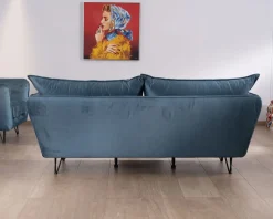 Discount Canapé bleu 3 places bleu design vintage tissu et métal "Hasting" Canapé 3 Places|Canapé Droit Fixe