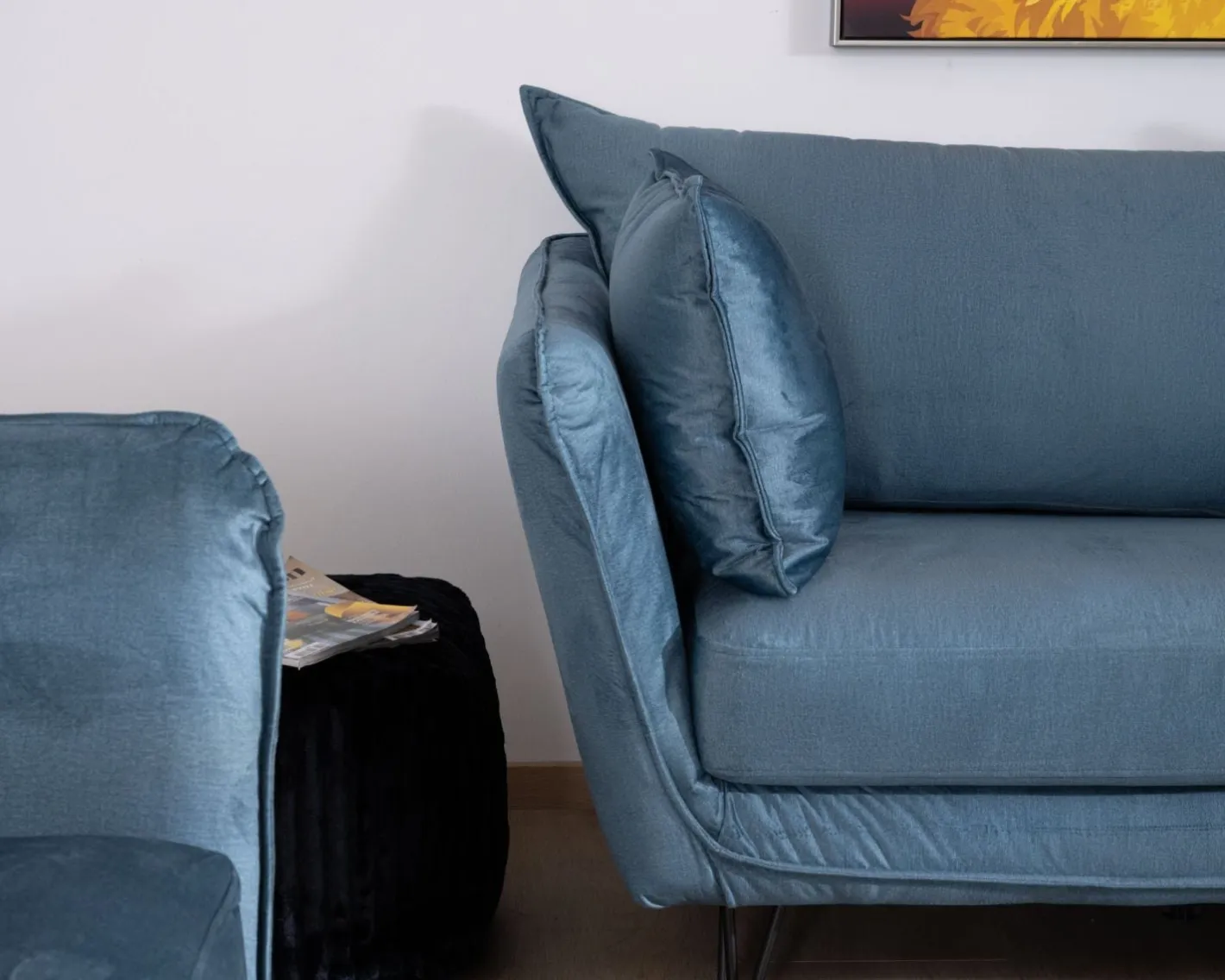 Discount Canapé bleu 3 places bleu design vintage tissu et métal "Hasting" Canapé 3 Places|Canapé Droit Fixe