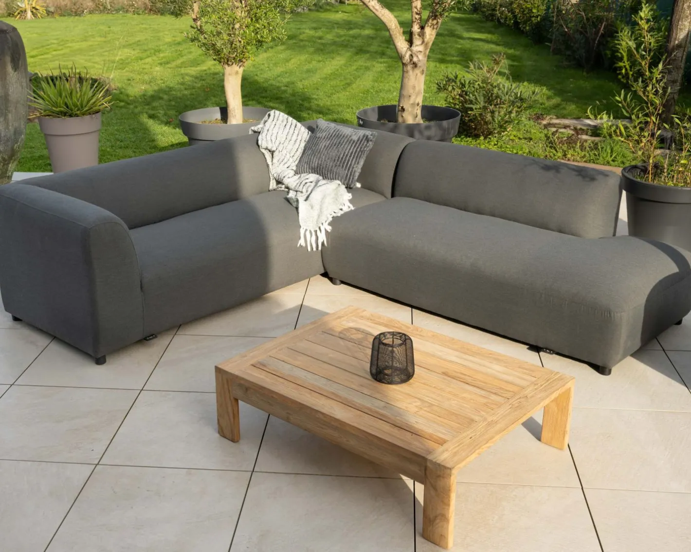 Clearance Canapé chauffant spécial extérieur en tissu anthracite "Aurora" retour à droite Canapé De Jardin