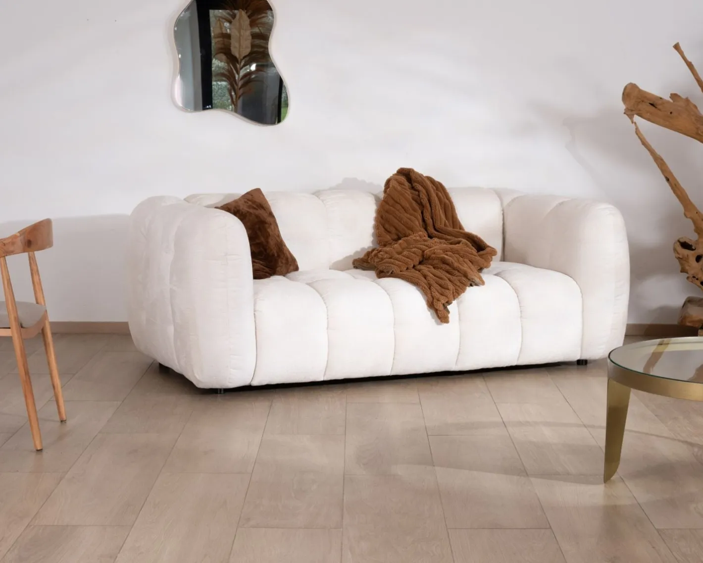 Discount Canapé cocooning 3 places tissu bouclette blanc avec surpiqures "Milow" Canapé 3 Places|Canapé Droit Fixe