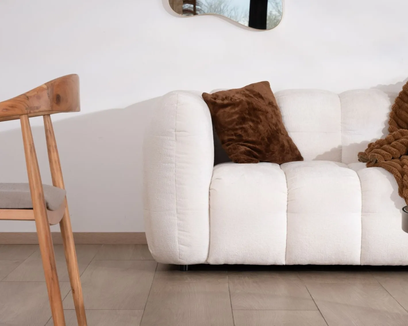 Discount Canapé cocooning 3 places tissu bouclette blanc avec surpiqures "Milow" Canapé 3 Places|Canapé Droit Fixe