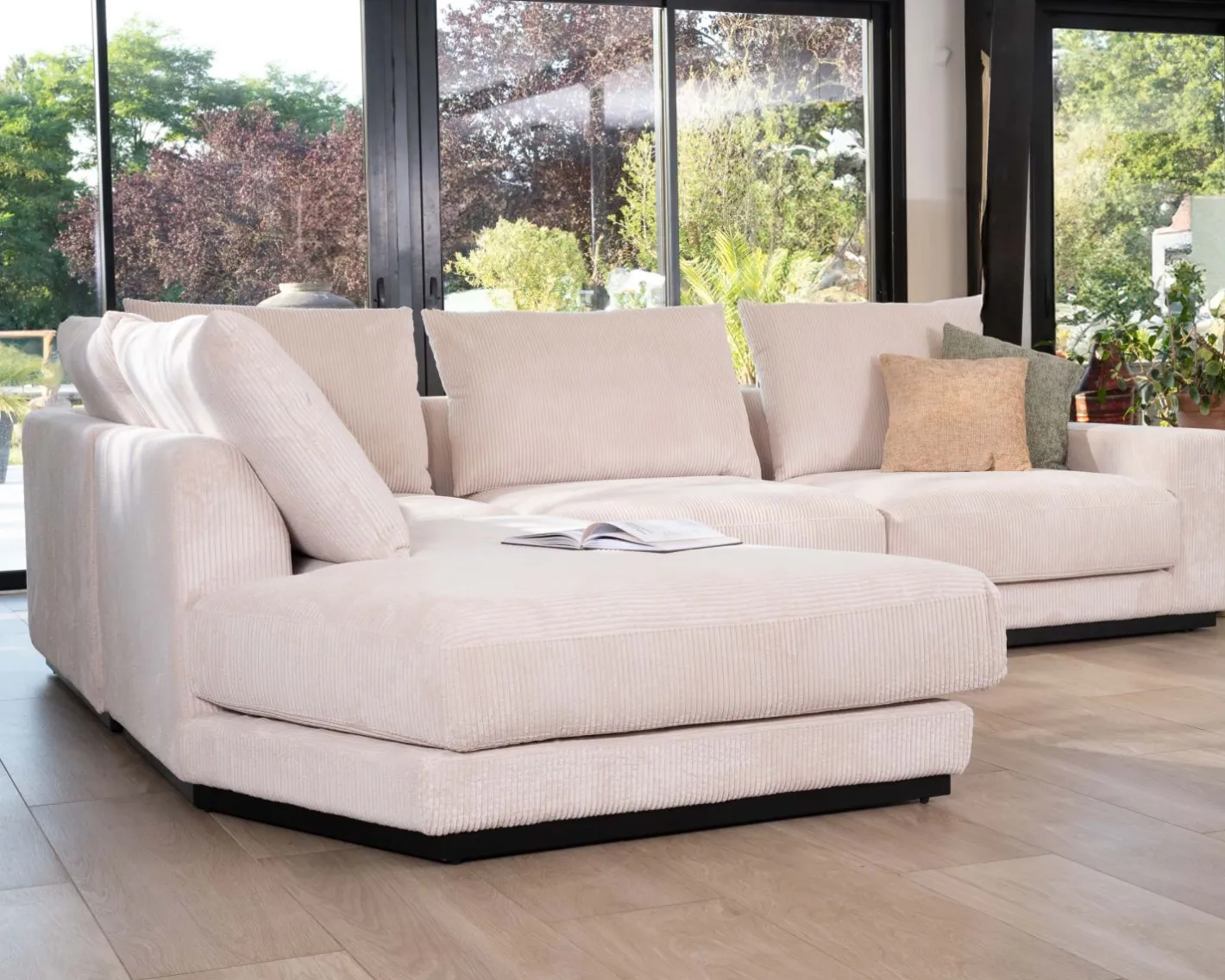 Online Canapé confort en velours côtelé beige avec méridienne design "Cyrano" Canapé D'Angle|Canapé 3 Places
