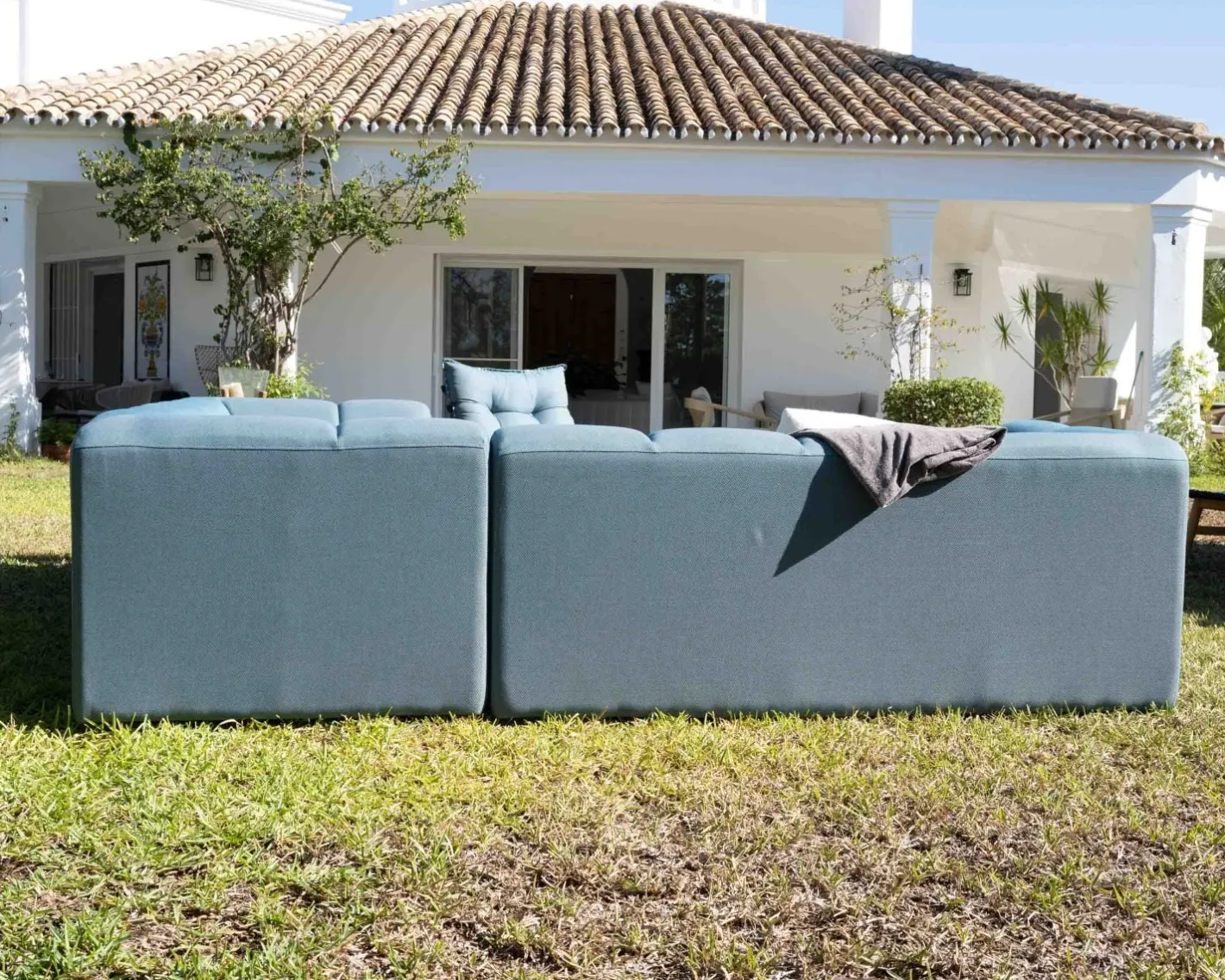Sale Canapé d'angle en tissu turquoise haut de gamme "Terrasse" spécial extérieur Canapé De Jardin