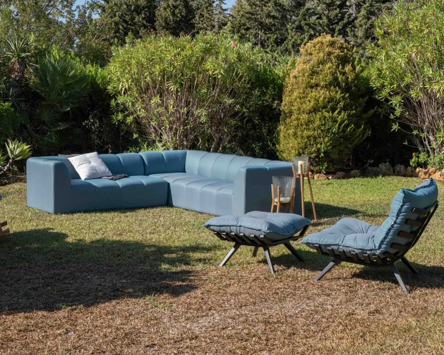 Sale Canapé d'angle en tissu turquoise haut de gamme "Terrasse" spécial extérieur Canapé De Jardin