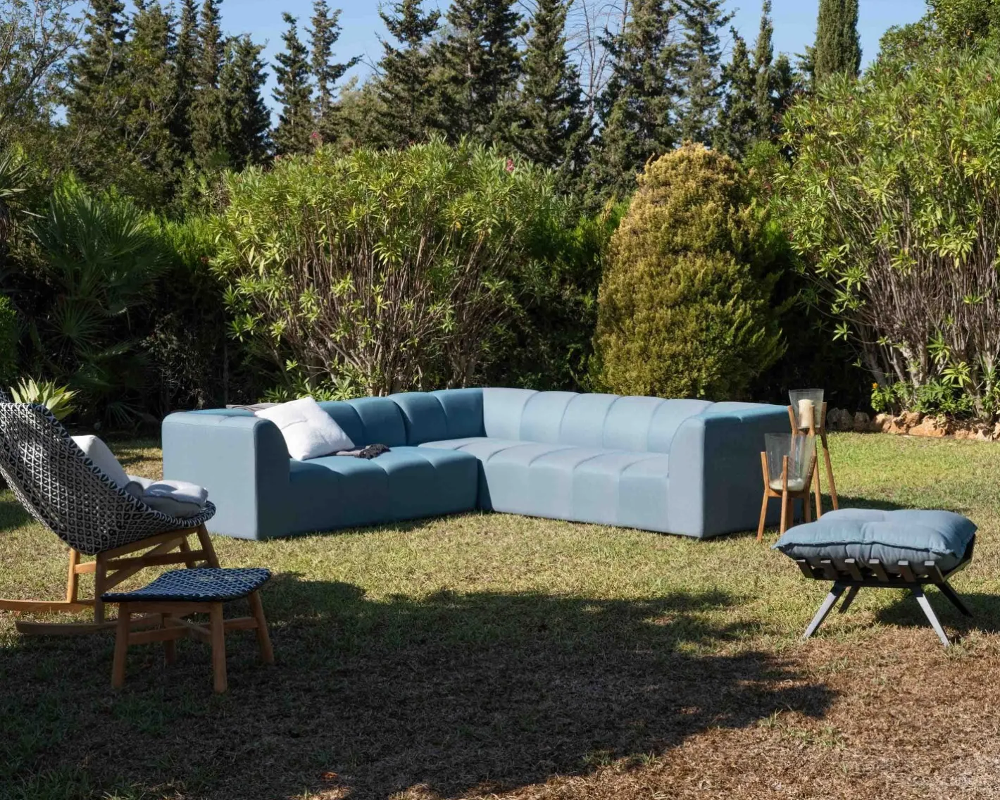 Sale Canapé d'angle en tissu turquoise haut de gamme "Terrasse" spécial extérieur Canapé De Jardin
