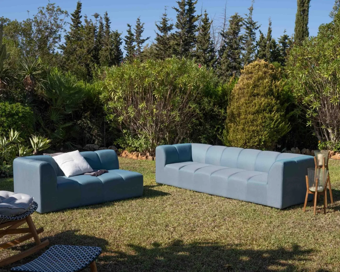 Sale Canapé d'angle en tissu turquoise haut de gamme "Terrasse" spécial extérieur Canapé De Jardin