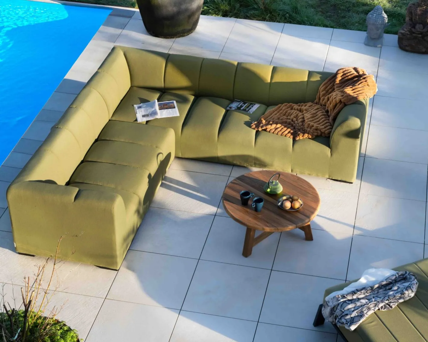 Clearance Canapé d'angle haut de gamme spéciale extérieur tissu vert "Terrasse" Canapé De Jardin