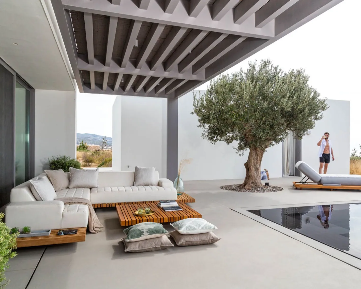 Discount Canapé d'angle pour terrasse et jardin en tissu Sunbrella écru "Lombok" retour droit Canapé De Jardin