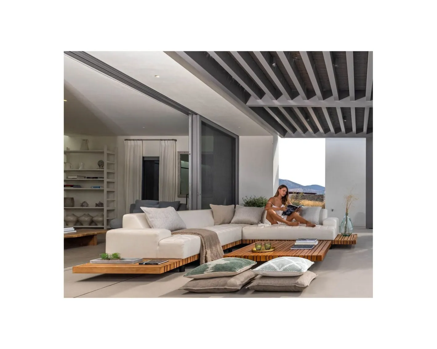 Discount Canapé d'angle pour terrasse et jardin en tissu Sunbrella écru "Lombok" retour droit Canapé De Jardin