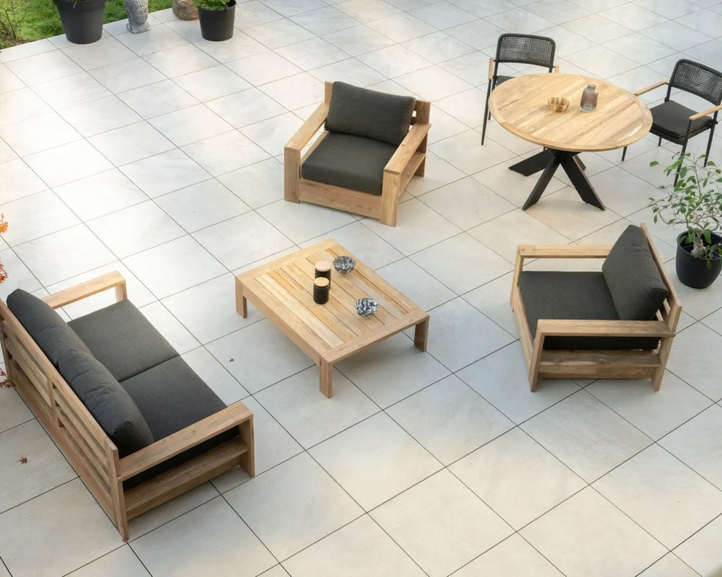 Hot Canapé de jardin 2 places haut de gamme "Zénith" en teck matelassé tissu gris foncé Canapé De Jardin|Salon De Jardin