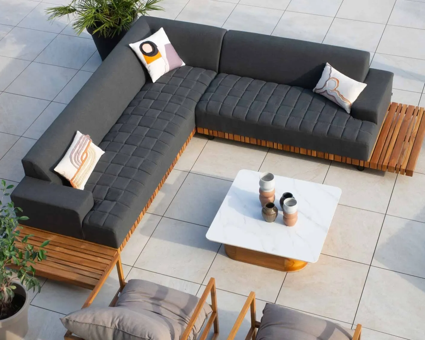 Sale Canapé d'extérieur retour droit matelassé gris foncé et teck "Lombok" Canapé De Jardin