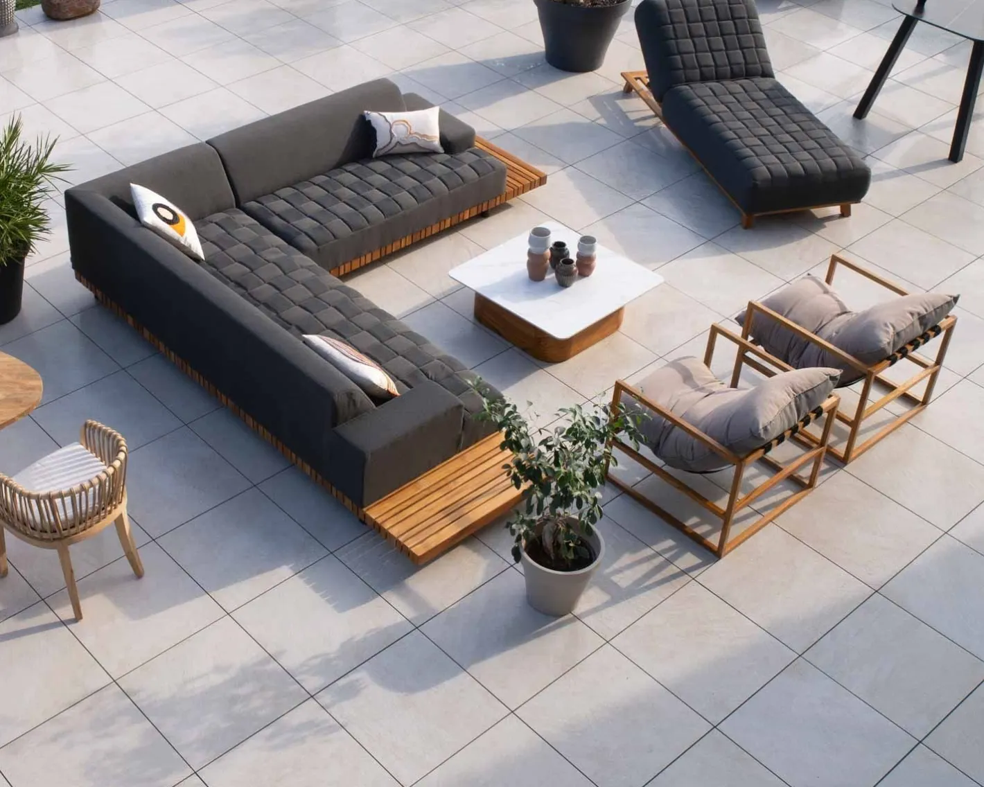 Sale Canapé d'extérieur retour droit matelassé gris foncé et teck "Lombok" Canapé De Jardin