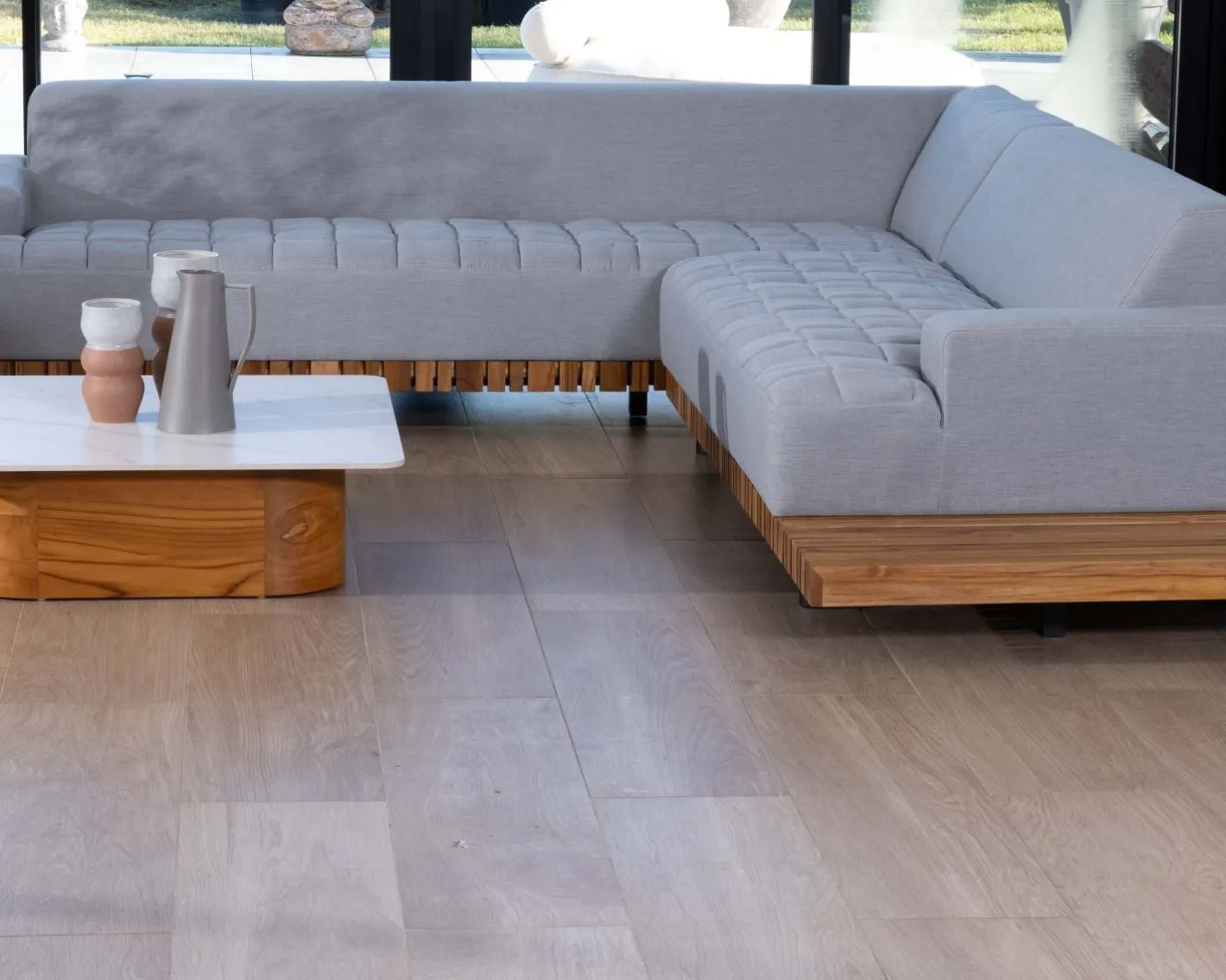Canapé haut de gamme avec retour droit tissu Sunbrella gris clair "Lombok" Canapé De Jardin