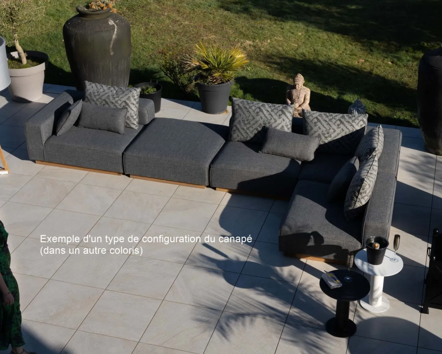 Best Canapé modulaire d'extérieur en teck et tissu anthracite "Armando" en angle avec ottoman Canapé De Jardin