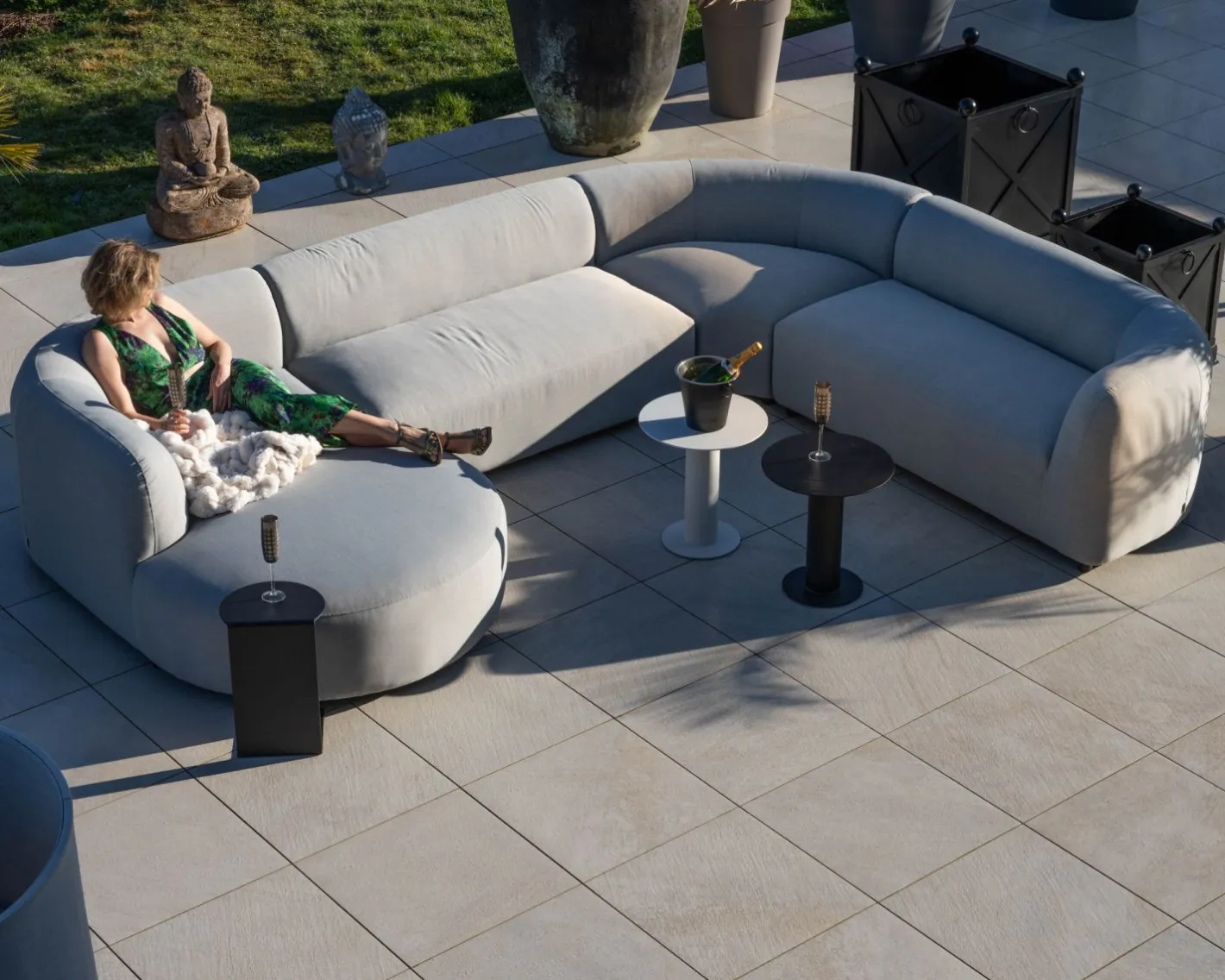 Online Canapé panoramique modulaire spécial extérieur en tissu gris clair "Kacang" Canapé De Jardin|Salon De Jardin