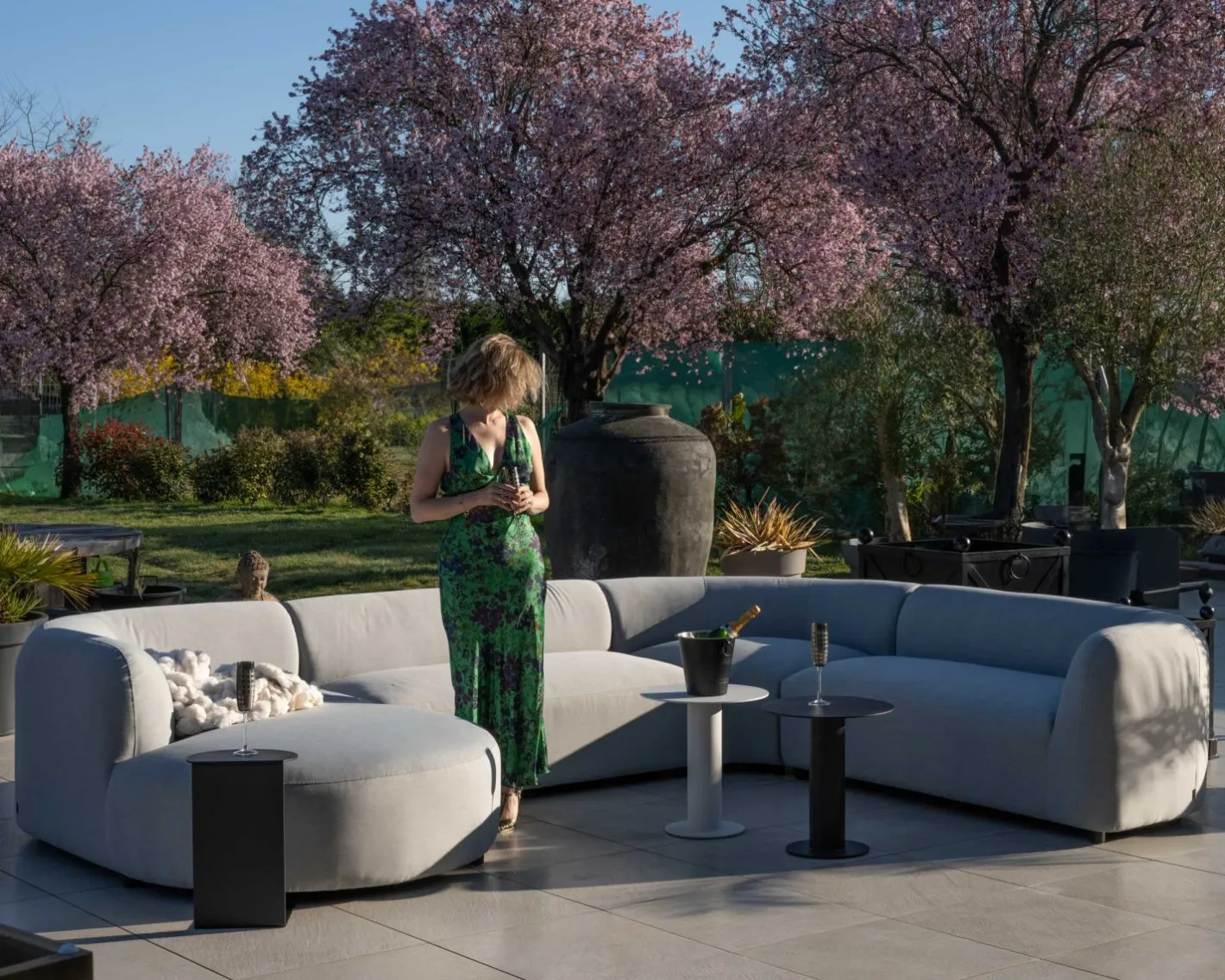 Online Canapé panoramique modulaire spécial extérieur en tissu gris clair "Kacang" Canapé De Jardin|Salon De Jardin