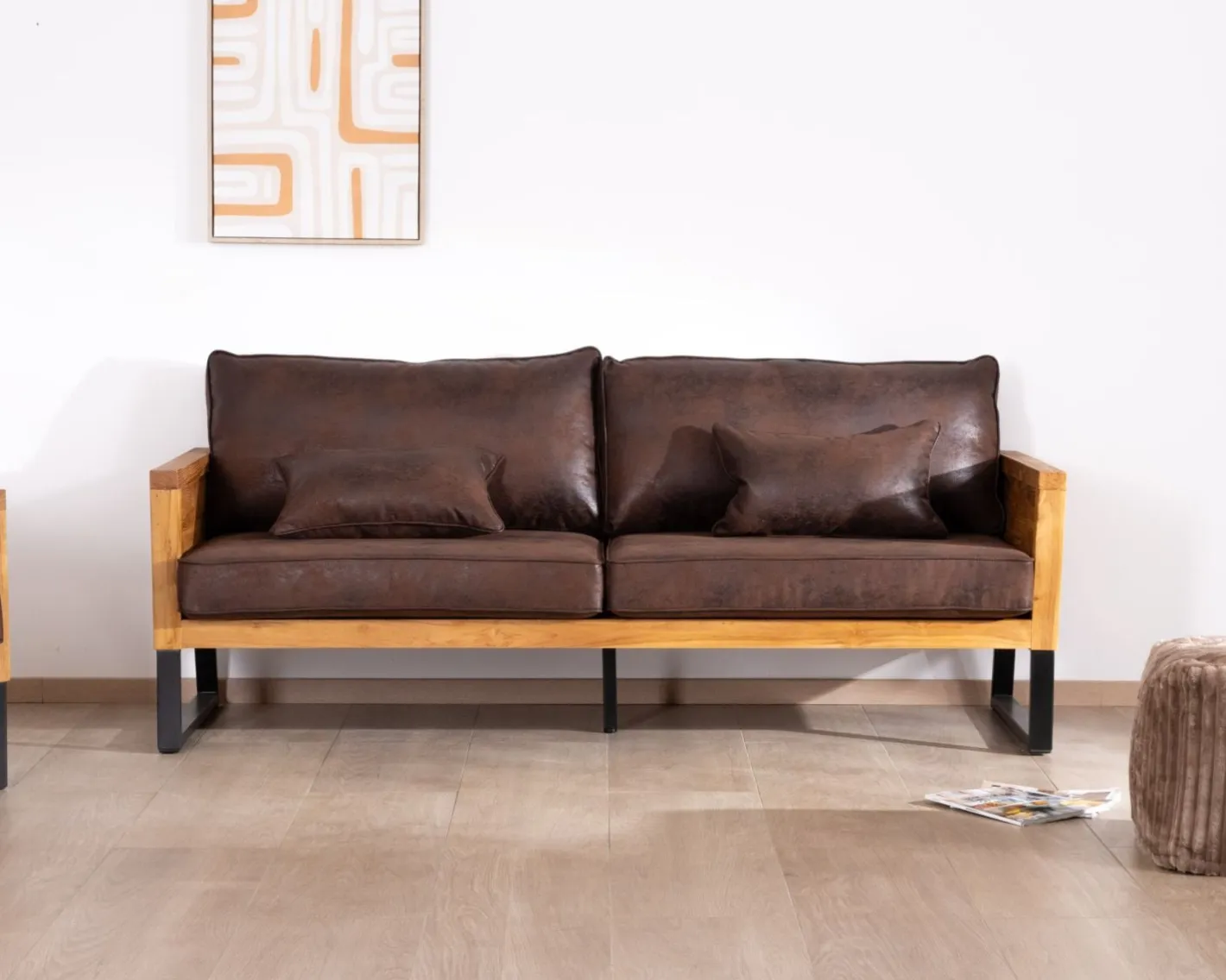 Hot Canapé 3 personnes style club teck et tissu 192 cm "Roster" Canapé 3 Places|Canapé Droit Fixe