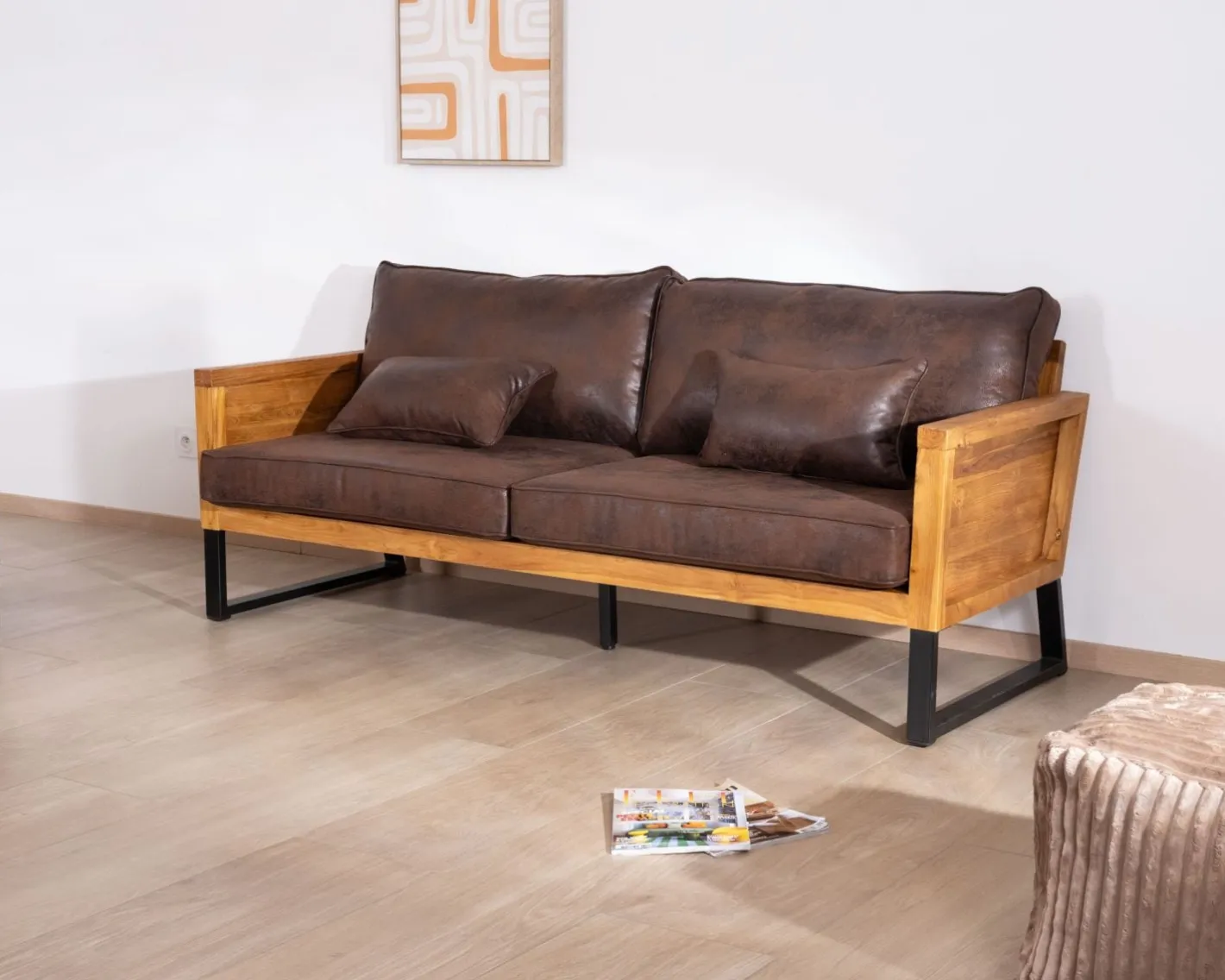 Hot Canapé 3 personnes style club teck et tissu 192 cm "Roster" Canapé 3 Places|Canapé Droit Fixe
