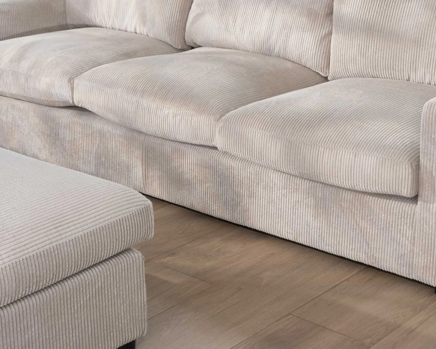 Canapé 3 places avec pouf ottoman carré en velours côtelé gris chaud "Tuléar" Canapé D'Angle|Canapé Modulable