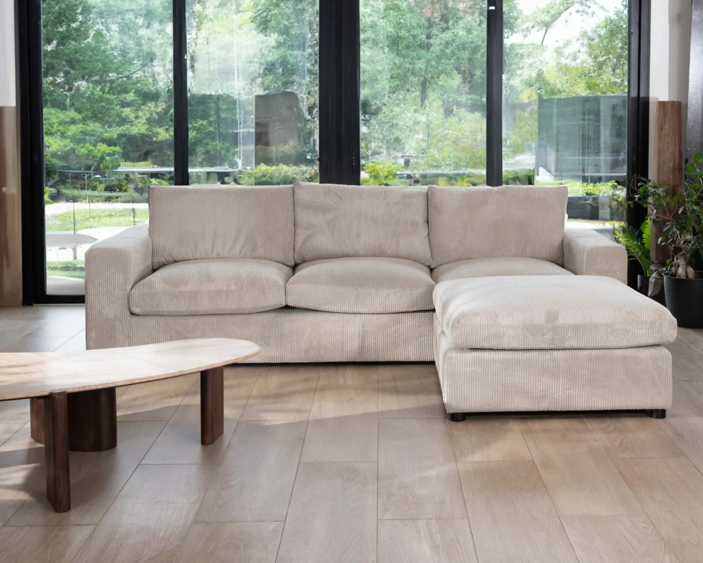 Canapé 3 places avec pouf ottoman carré en velours côtelé gris chaud "Tuléar" Canapé D'Angle|Canapé Modulable