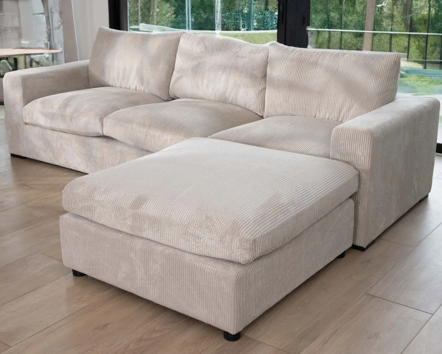 Canapé 3 places avec pouf ottoman carré en velours côtelé gris chaud "Tuléar" Canapé D'Angle|Canapé Modulable
