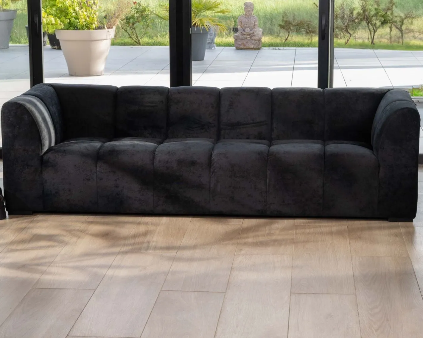 Outlet Canapé 3 places en velours anthracite soyeux avec surpiqures "Enjoy Home" Canapé 3 Places|Canapé Droit Fixe