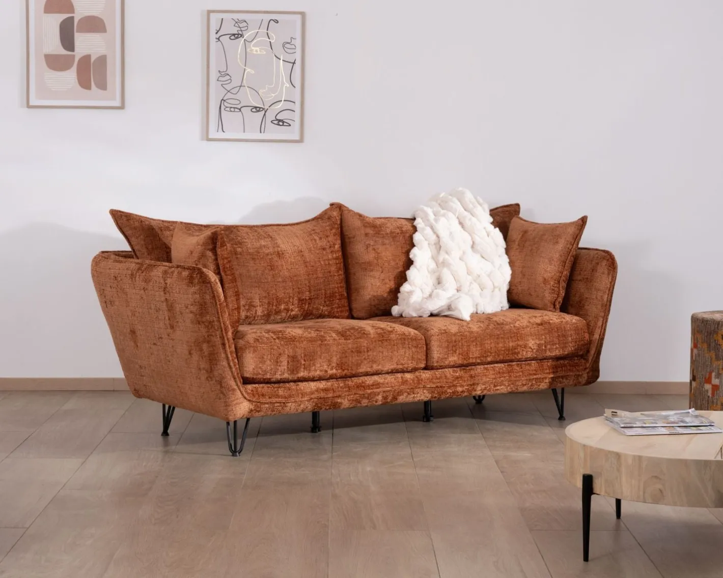 Hot Canapé 3 places ultra confort esprit rétro en tissu tramé terracotta "Hasting" Canapé 3 Places|Canapé Droit Fixe