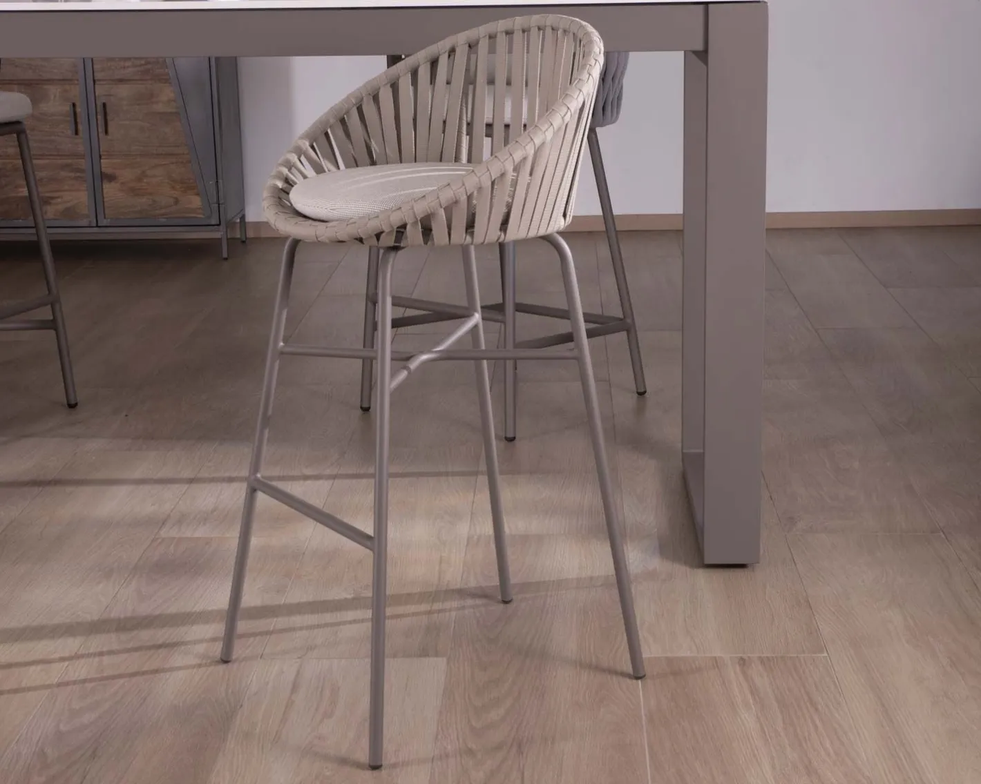 Discount Chaise de bar d'extérieur en aluminium gris champagne et dossier en corde tendue Chaise De Bar|Tabouret De Bar