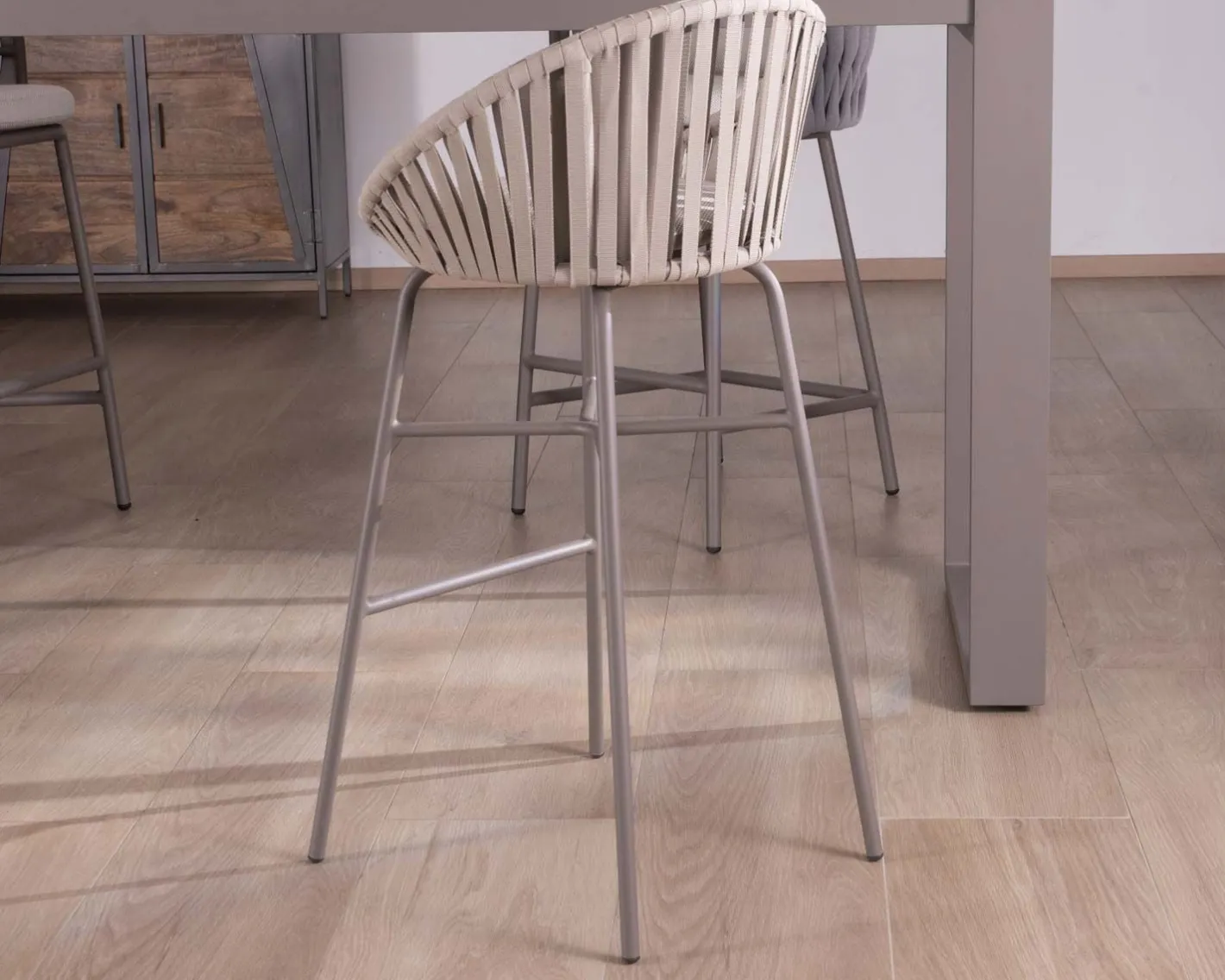 Discount Chaise de bar d'extérieur en aluminium gris champagne et dossier en corde tendue Chaise De Bar|Tabouret De Bar