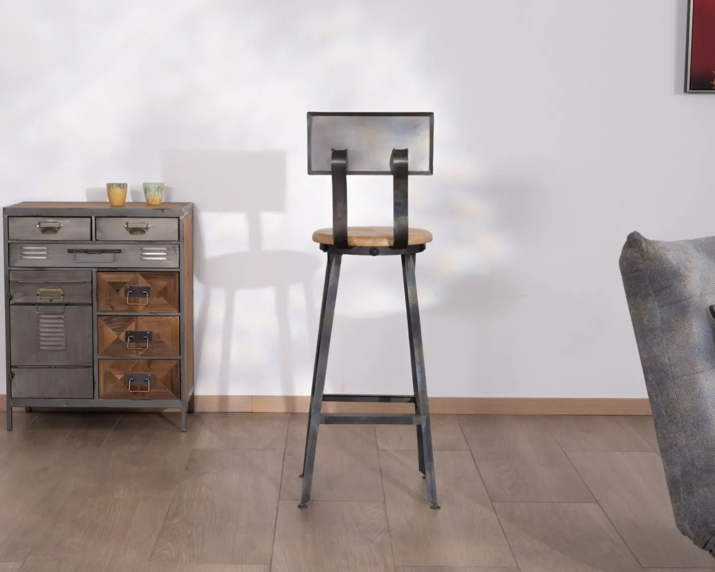 Chaise de bar métal gris antique et bois "Atelier grey" hauteur 110 cm Chaise De Bar|Tabouret De Bar