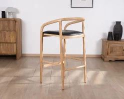 Sale Chaise de bar épurée en acacia naturel et assise PU noir "Vogue" Chaise De Bar
